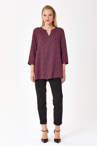 İKİLER Önü Çıtçıtlı Uzun Kol Desenli Bluz 245-3018