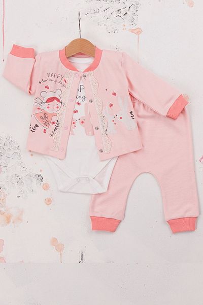 Babydonat Happy Dancing Patterned 3-Piece Baby Girl Set with Cardigan