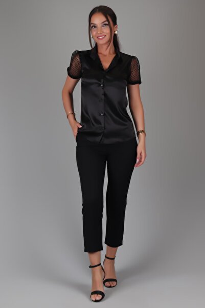 SWEETNESS Black Satin Short Tulle Sleeve Women's Evening Dress Shirt