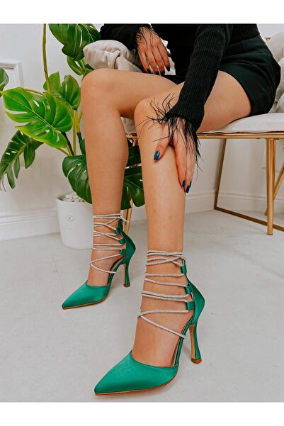 ERVANIN BUTİĞİ Green Satin (Tilda) Stone Detail Back Zipper Women's Heeled Shoes