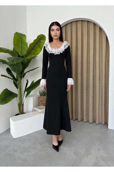 conconmoda Oval Dantel Yaka Uzun Elbise
