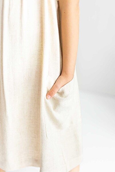 Oliven The Kid Μπεζ λινό βραχιόλι γιακά - Κοριτσίστικο φόρεμα με τσέπες και διπλά κουμπιά