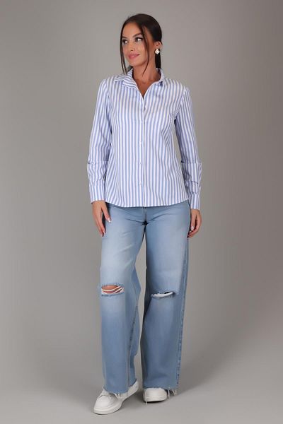 SWEETNESS Blue Striped Lycra Cotton Long Sleeve Women's Shirt - Dk004-1