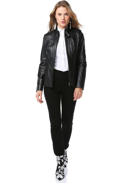 Dericlub Yb2043 Palton negru din piele naturală pentru femei