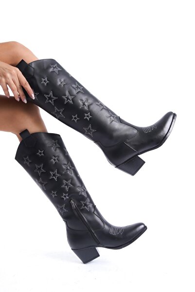 Bak Store Silver Star Embroidered Black Leather Cowboy Boots - Zippered Western Women's Shoes