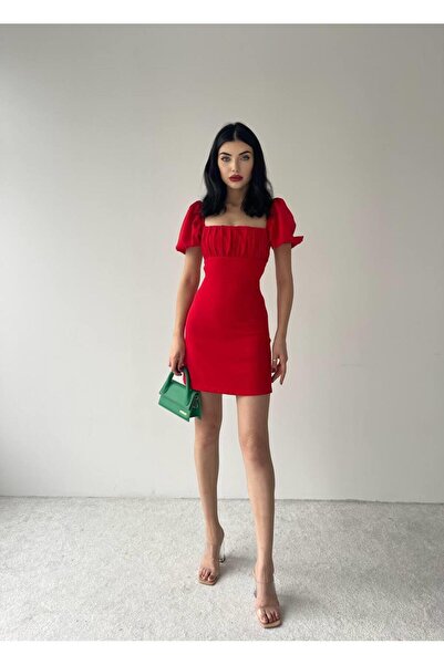 conconmoda Sırt Dekolteli Mini Karpuz Kol Elbise