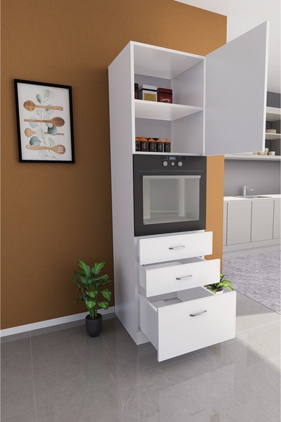 Kenyap Mutfak Ankastre Fırın & Kiler Dolabı 3 Çekmeceli 60 Cm Parlak Beyaz