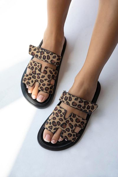 STRASWANS Palmeira Women's Leather Slippers - Velcro Strap, Leopard Print