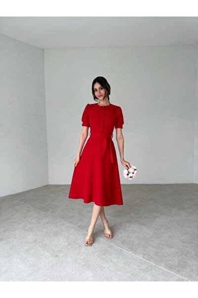 conconmoda Bebe Yaka Düğmeli Midi Atlas Elbise