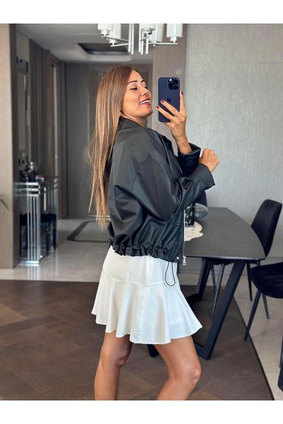 Forlady4 Adjustable Elastic Zippered Black Women's Leather Coat