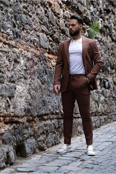 Salihtarzz İtalyan Kesim Takım Elbise Kiremit -Kahve Spor İpli - Slım Fıt SD4958
