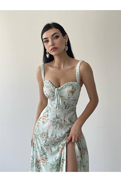 conconmoda Askılı Yırtmaçlı Elbise - Yeşil