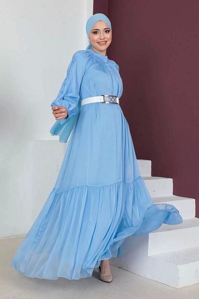 PHELDA Βραδινό φόρεμα Hijab Comfortable Form με ζώνη 746-μπλε