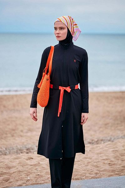 Marina Black Parachute Fabric - Full Covered Hijab Swimsuit M2419
