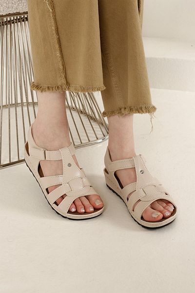 Ccway Beige Women's Sandals - Snap and Velcro