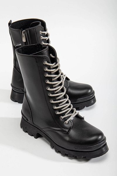 Ccway Αντιολισθητική σόλα Lace Up Stone Γυναικείες Μπότες Μαύρο δέρμα