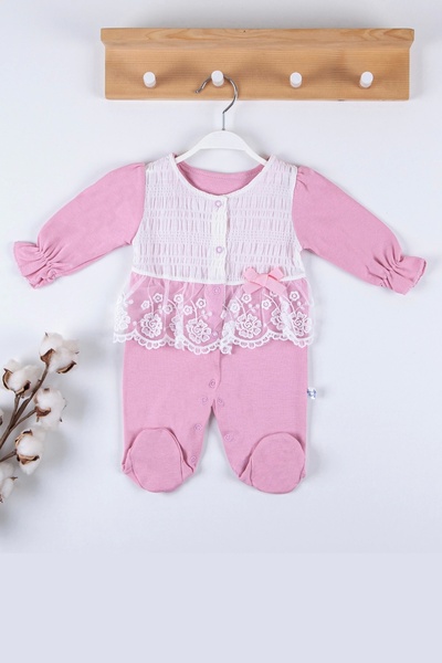 MiniElegans Gofralı Fransız Güpürlü % 100 Pamuk Kız Bebek Tulumu
