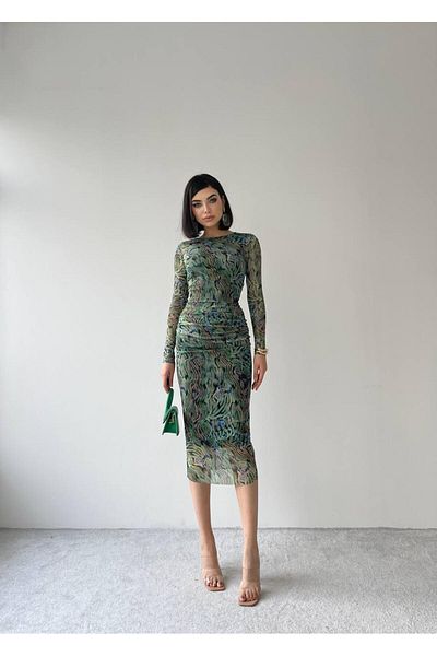 conconmoda YONCA GREEN MIDI PATTERNED STRETCH DRESS