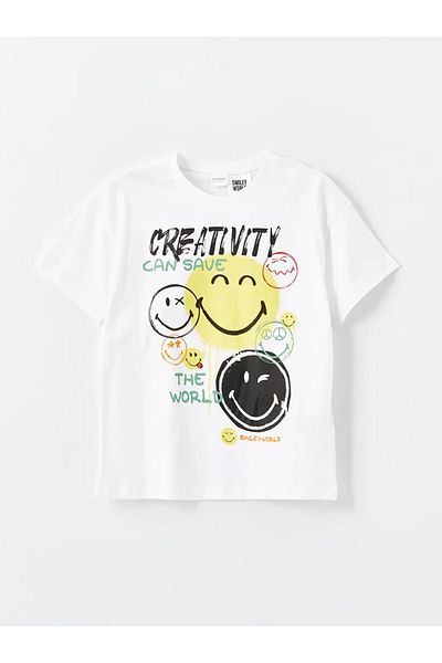 LC Waikiki Set de pijamale pentru băieți cu imprimeu SmileyWorld LCW Kids Buxe White Crew Deck