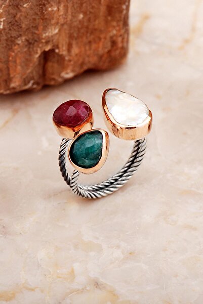 Sümer Telkari Üç Başlı İnci, Zümrüt ve Yakut Taşlı El Sarması Gümüş Yüzük 5825