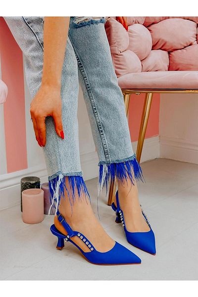ERVANIN BUTİĞİ Saks Blue Satin (Feli̇x) Stone Detailed Women's Stiletto