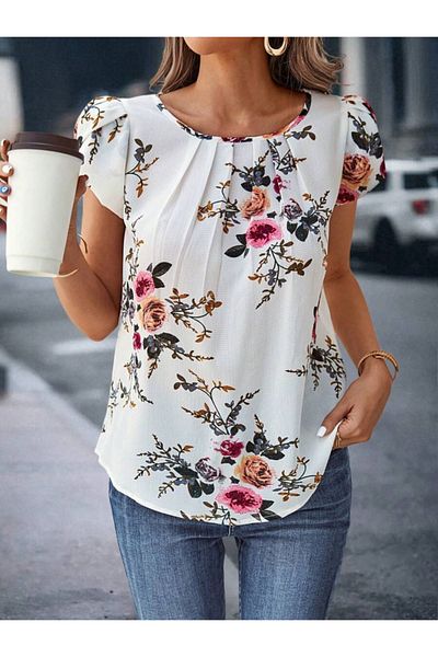 trend henna Women's Short Sleeve Crew Neck Floral Printed Single Jersey Blouse