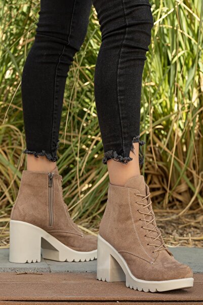 Ccway Bağcıklı Kadın Topuklu Bot VİZON SÜET TEN