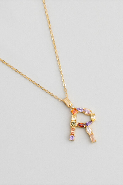 So CHIC... Mini R Harfi Günışığı Renkli 18 Ayar Sarı Altın Kaplama Gümüş Kolye