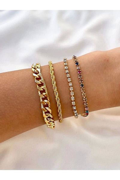 Eylülün Takısı Women's Gold Color 4-Piece Chain-Stone Combination Bracelet