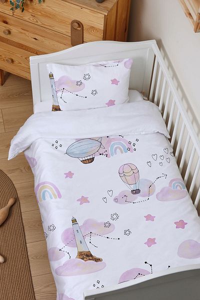Tuğba Kuğu Park Bed Crib Duvet Cover Set (80x120) - Iconic Series - Rainbow with Pink Air Balloon