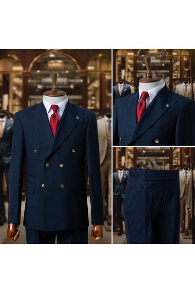 Salihtarzz Suit Italian Cut Double Breasted With Belt Navy SD4167