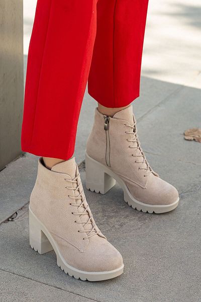 Ccway Lace-Up Γυναικείες μπότες με τακούνι Tan Suede