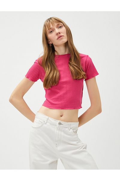 Koton Crop T-Shirt Short Sleeve Stand Collar