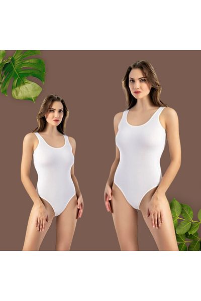 The Clover Women's Wide Strap Snap Fastener Deep Collar Combed Cotton Bodysuit 6.0.Cl.Vr0.2Kt