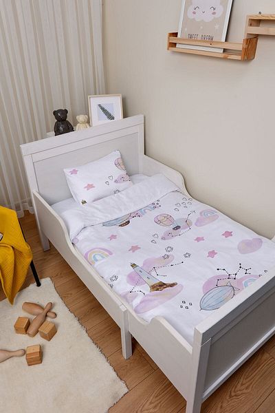 Tuğba Kuğu Park Bed Crib Duvet Cover Set (80x120) - Iconic Series - Rainbow with Pink Air Balloon