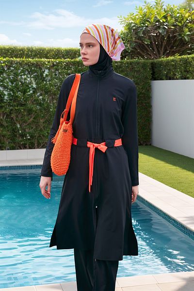 Marina Black Parachute Fabric - Full Covered Hijab Swimsuit M2419