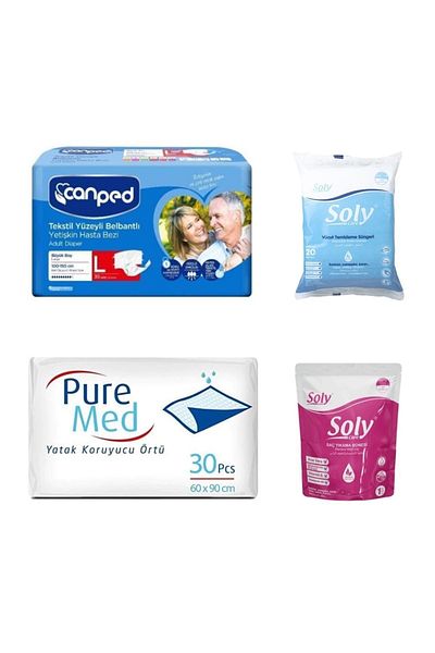 Canped L 30-Piece Waistband Patient Diapers - Mattress Protector Cover and Hair Washing Boneu Body Cleaning Sponge Set