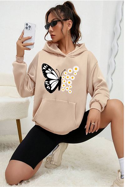 halowear Φούτερ από πλεκτό ύφασμα Unisex 2ip Raster Beige Flower-Butterfly