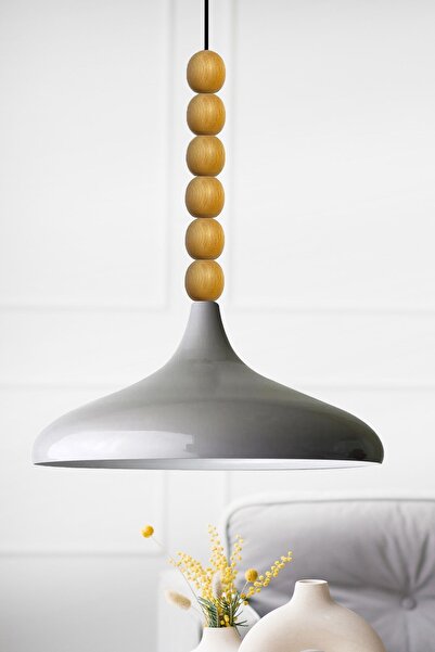 Bamyum Gri Ahşap Altı Boncuklu Tekli Avize Sarkıt Salon Mutfak Butik Lamba