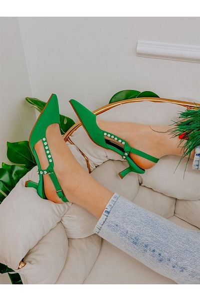 ERVANIN BUTİĞİ Green Satin (Feli̇x) Stone Detailed Women's Stiletto