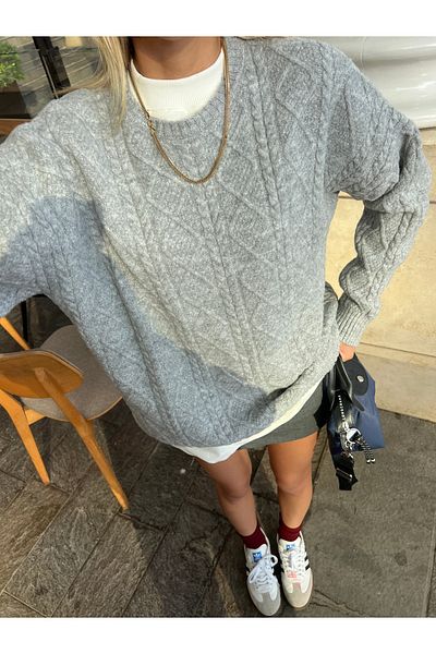 B2K FASHION Gray Hair Knit Crew Neck Oversize Women's Sweater