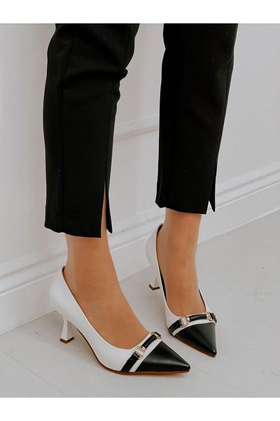 ERVANIN BUTİĞİ White Black (Lady) Buckle Detail Women's Stiletto