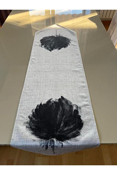 Lia Store مفرش كتان مزخرف بالأزهار باللون الأسود مقاس 35*135 سم