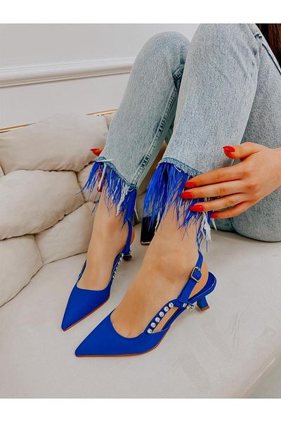 ERVANIN BUTİĞİ Saks Blue Satin (Feli̇x) Stone Detailed Women's Stiletto