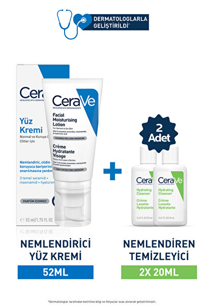 CeraVe Cilt Bakım Seti:nemlendirici Yüz Kremi 52ml&nemlendiren Temizleyici 2x...