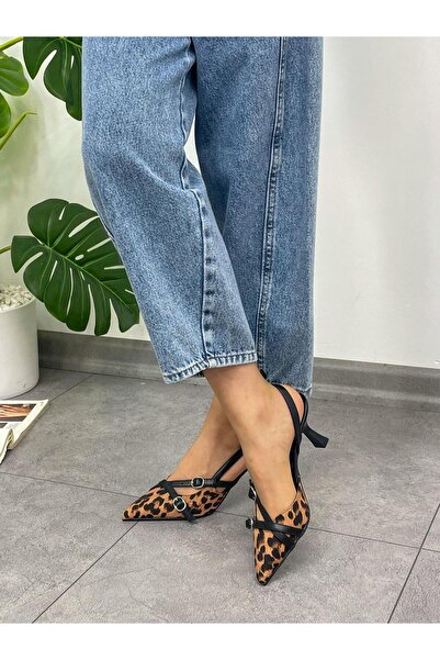 ERVANIN BUTİĞİ Leopar Saten (Wesley) İki  Bantlı Toka Detay Kadın Stiletto