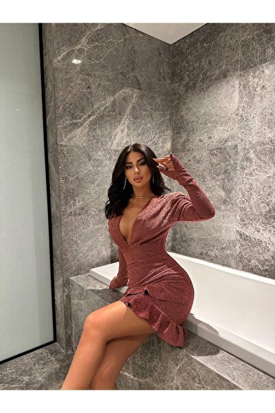 conconmoda Class Mini Simli V Yaka Elbise Gül Kurusu