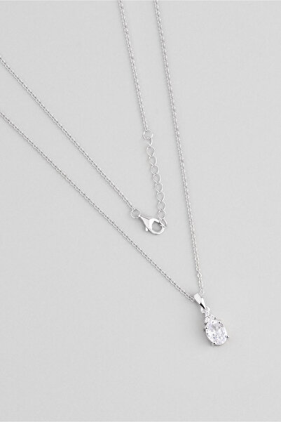 So CHIC... Beyaz Renk 18 Ayar Beyaz Altın Kaplama 45 Cm Gümüş Tektaş Kolye