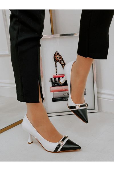 ERVANIN BUTİĞİ White Black (Lady) Buckle Detail Women's Stiletto