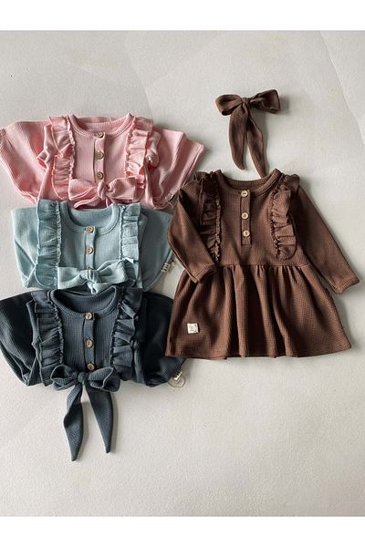 rg kidsstore Waffle Patterned Frilly Baby Girl Dress Set